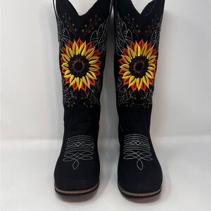 Women’s Cowboy Boots Size 39 Suede Sunflowers Embroider Square Toe Black
